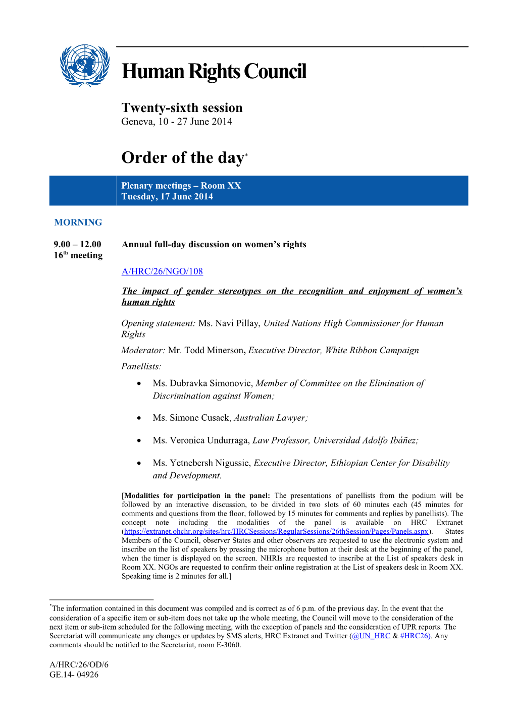 Order of the Day, Tuesday 17 June 2014 in English (Word)