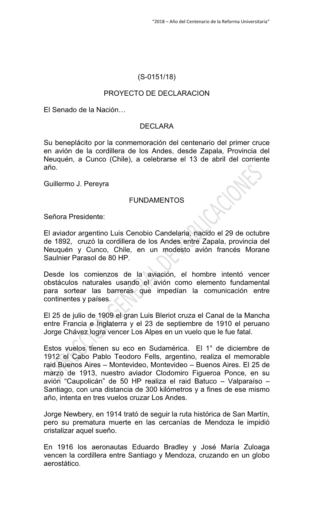 (S-0151/18) PROYECTO DE DECLARACION El Senado De La