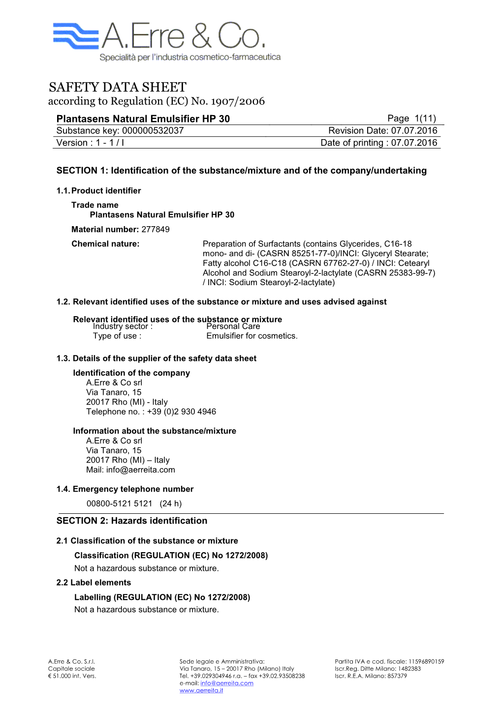 A.Erre Sds Plantasens Natural Emulsifier HP 30 EN.Pdf