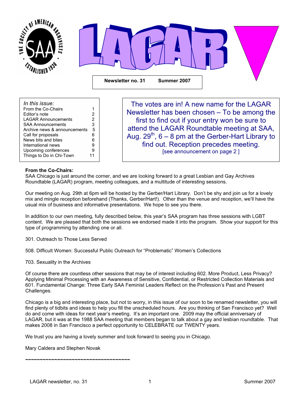 A New Name for the LAGAR Newsletter Has Been Chosen