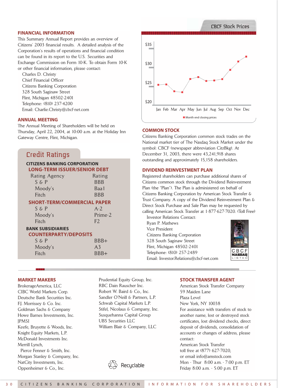 Credit Ratings December 31, 2003, There Were 43,241,918 Shares Outstanding and Approximately 15,158 Shareholders