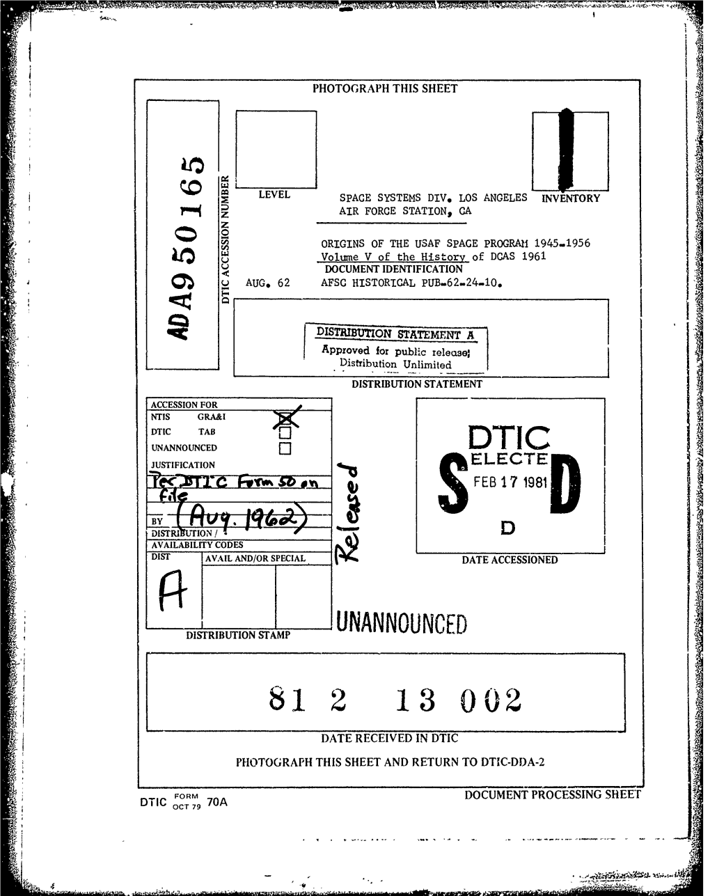 History of DCAS 1961. Volume V. Origins of the USAF Space Program