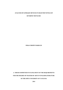 Analysis of Literary Devices in Selected Novels of Severine Ndunguru Fidas Crispin Marijani a Thesis Submitted in Fulfillment O