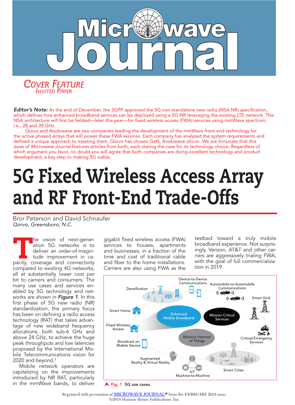 5G Fixed Wireless Access Array and RF Front-End Trade-Offs Bror Peterson and David Schnaufer Qorvo, Greensboro, N.C