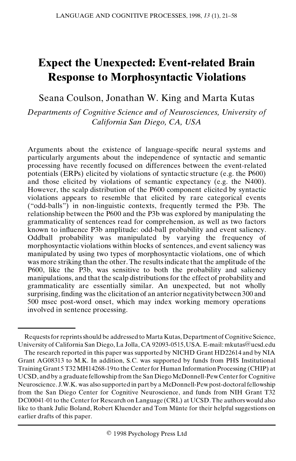 Expect the Unexpected: Event-Related Brain Response to Morphosyntactic Violations