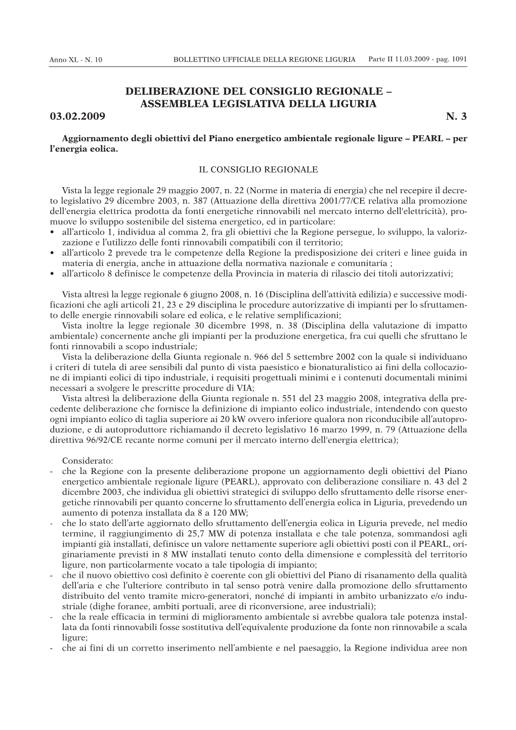 Deliberazione Del Consiglio Regionale – Assemblea Legislativa Della Liguria 03.02.2009 N