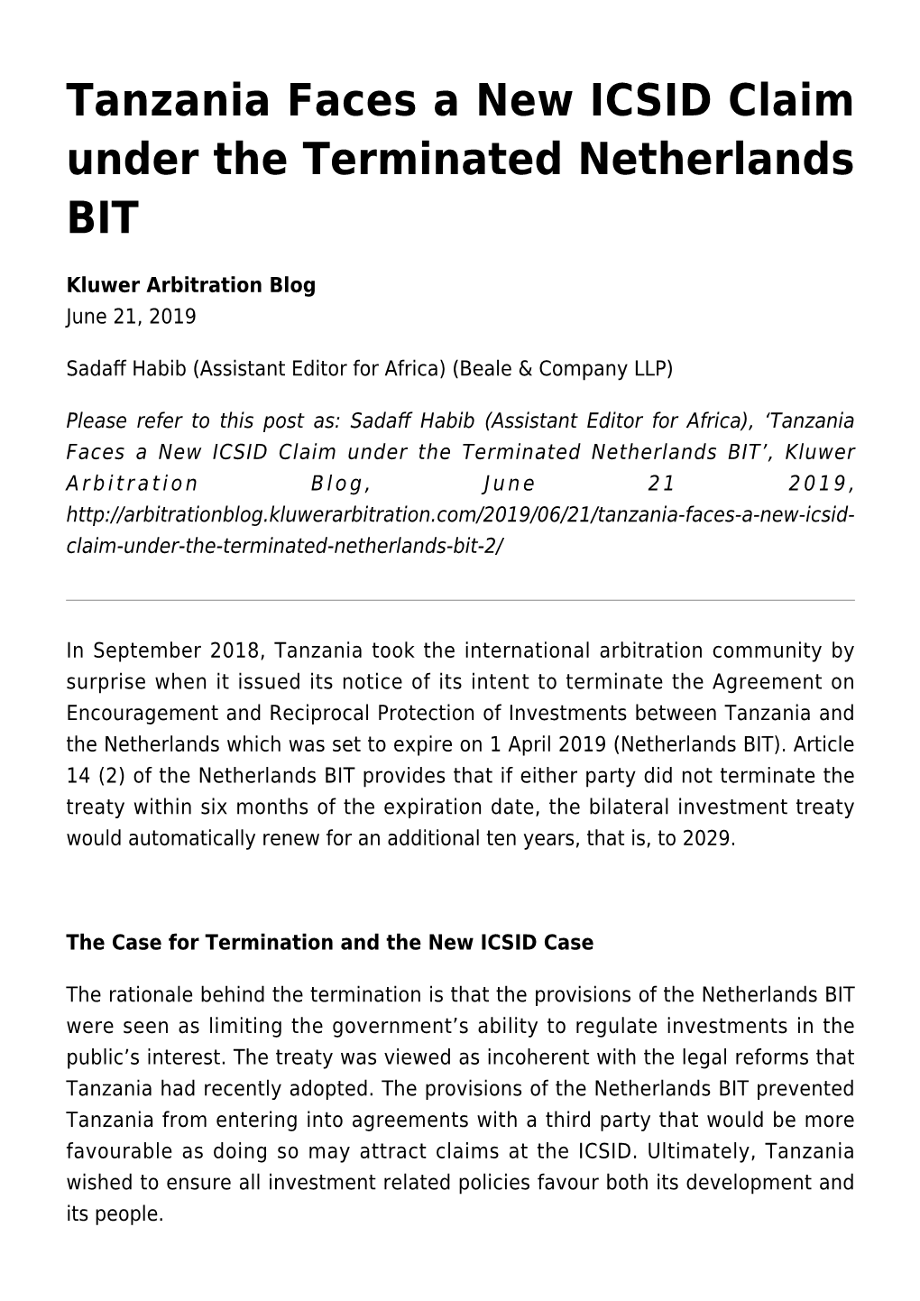 Tanzania Faces a New ICSID Claim Under the Terminated Netherlands BIT