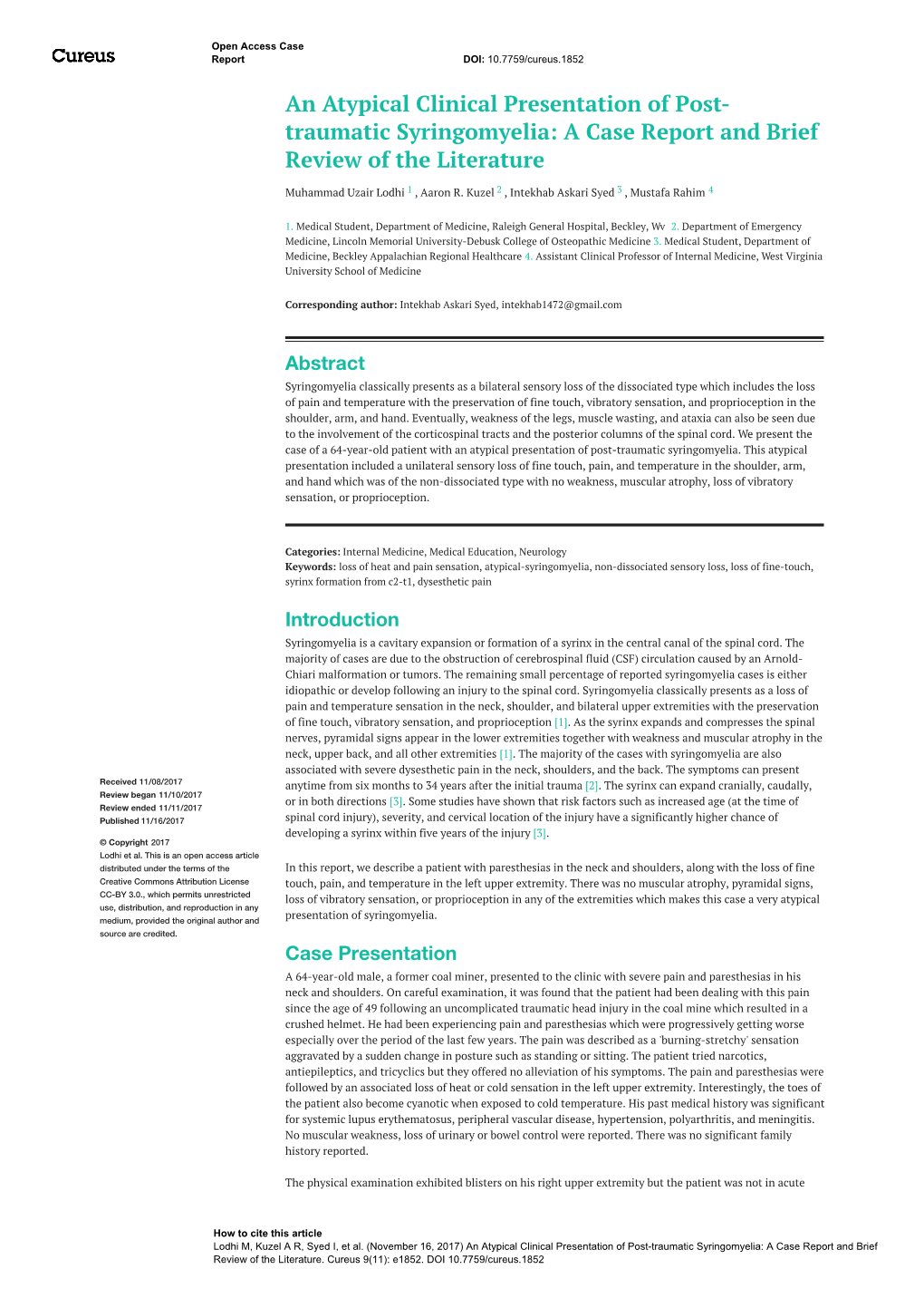 An Atypical Clinical Presentation of Post- Traumatic Syringomyelia: a Case Report and Brief Review of the Literature