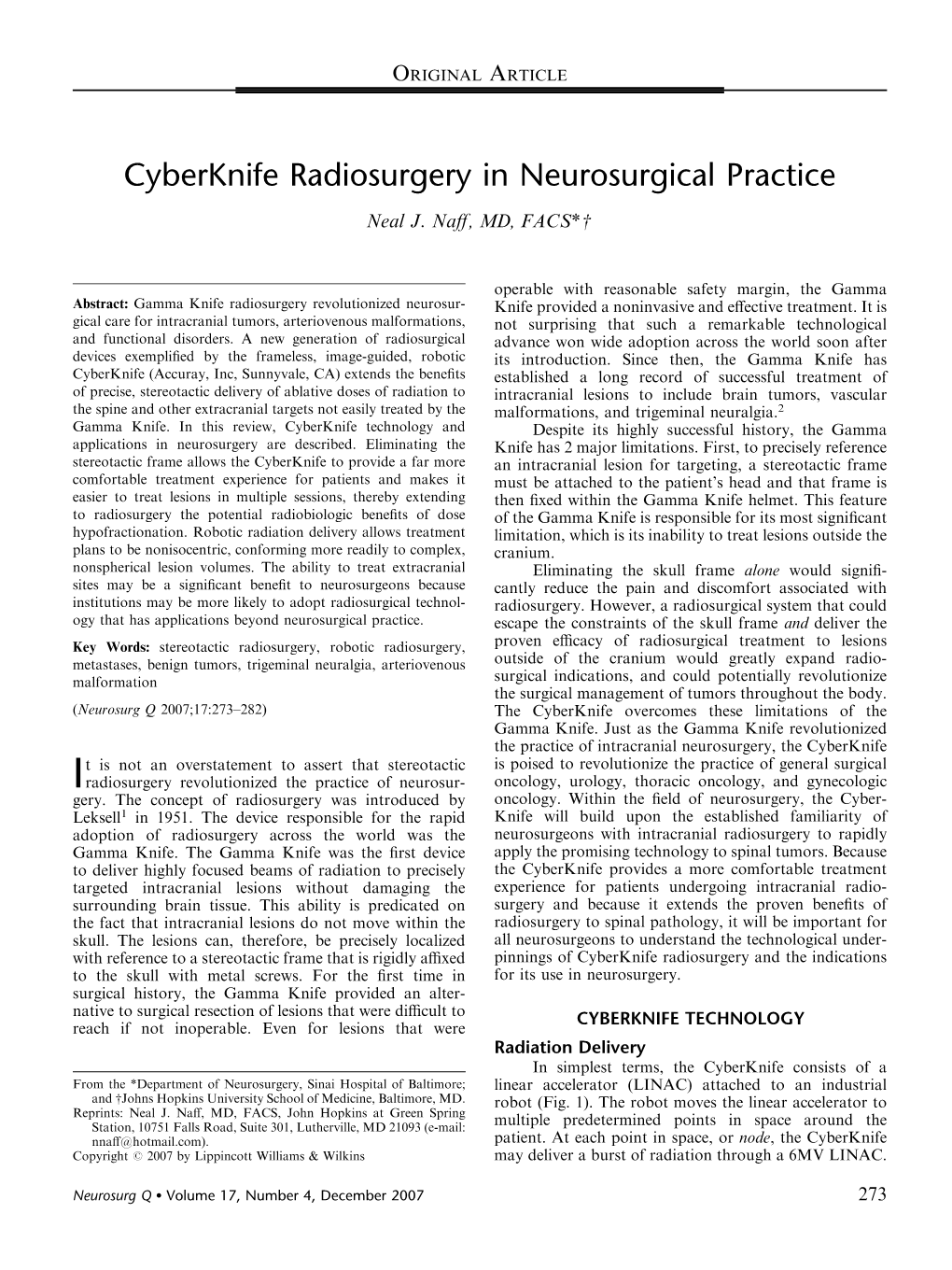 Cyberknife Radiosurgery in Neurosurgical Practice Neal J