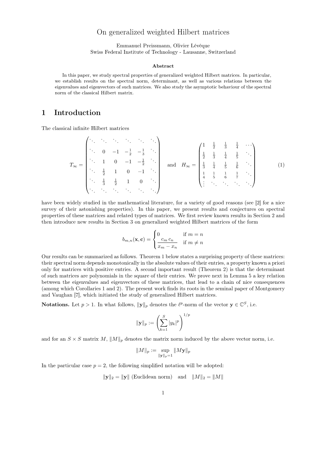 On Generalized Weighted Hilbert Matrices 1 Introduction