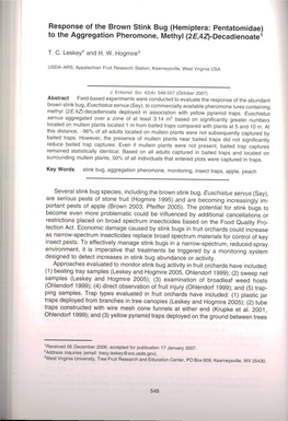 Response of the Brown Stink Bug (Hemiptera: Pentatomidae) to the Aggregation Pheromone, Methyl (2E,42)-Decadienoate1