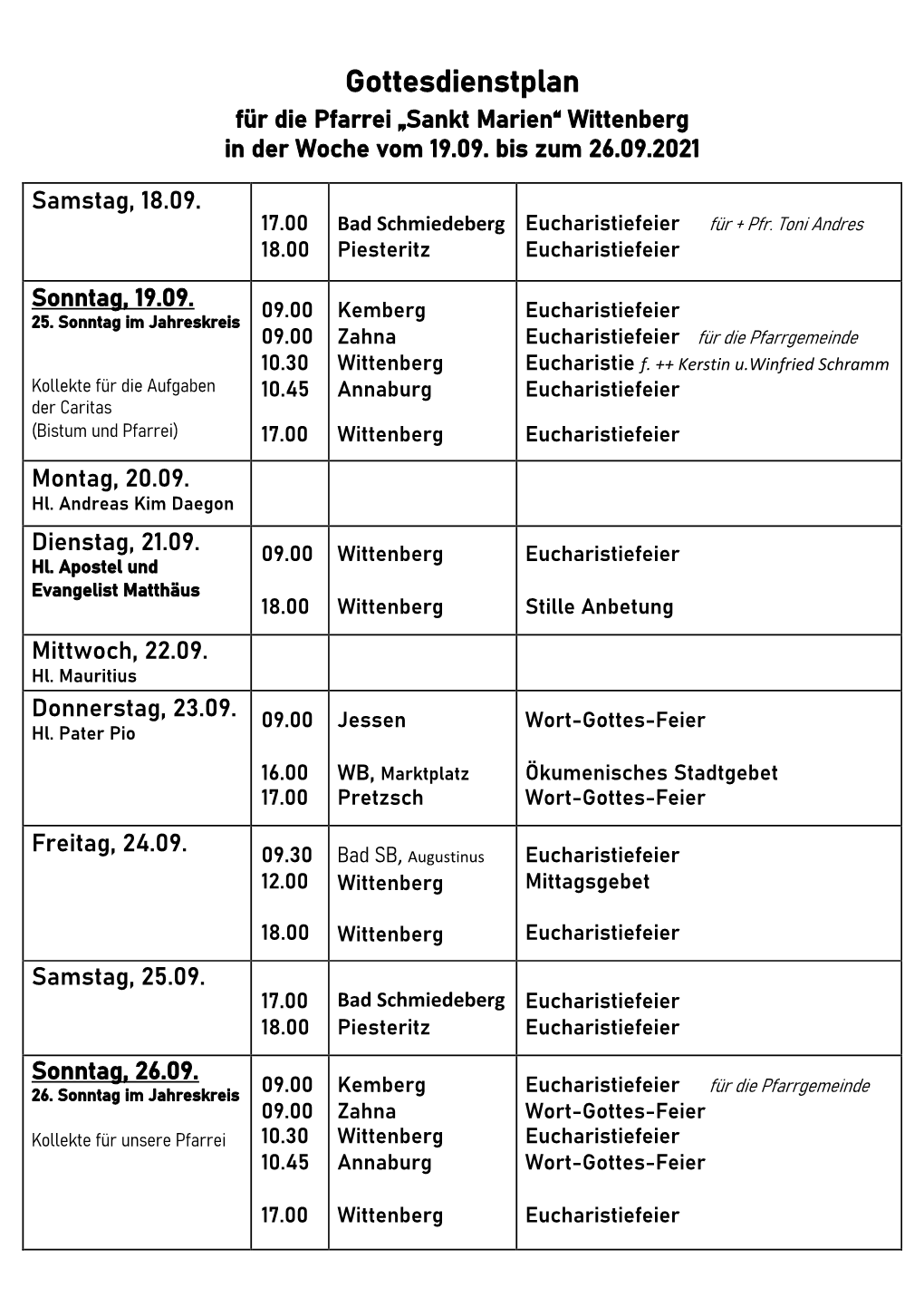 Gottesdienstplan Für Die Pfarrei „Sankt Marien“ Wittenberg in Der Woche Vom 19.09