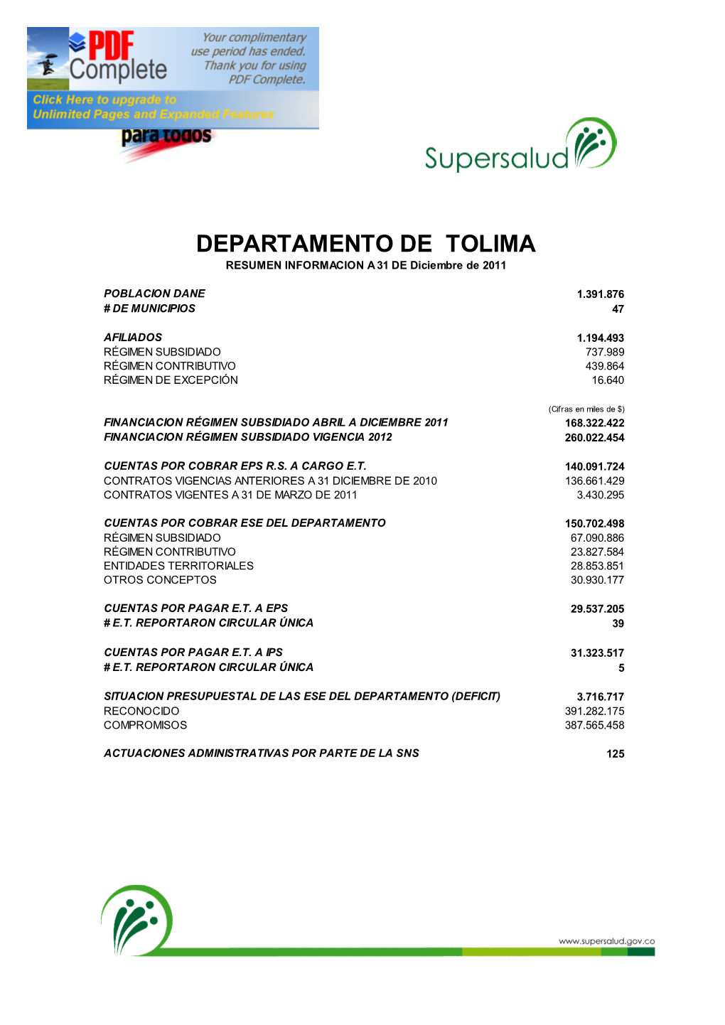 DEPARTAMENTO DE TOLIMA RESUMEN INFORMACION a 31 DE Diciembre De 2011