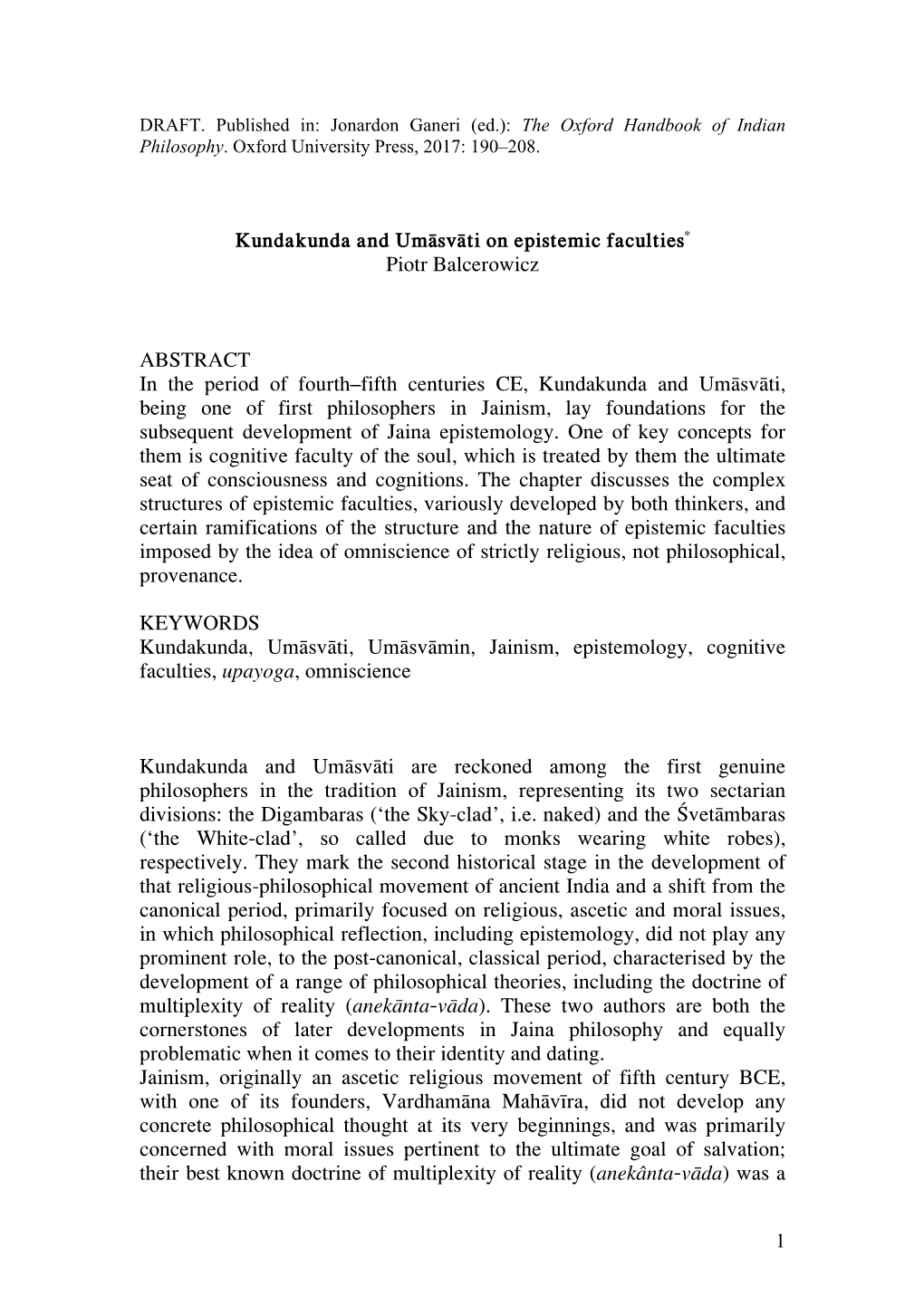 1 Kundakunda and Umāsvāti on Epistemic Faculties* Piotr