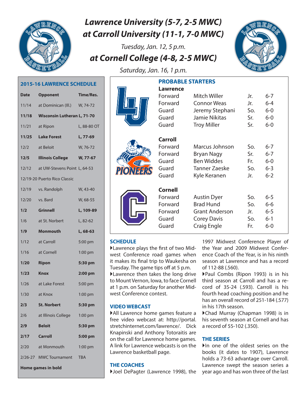 Lawrence University (5-7, 2-5 MWC) at Carroll University (11-1, 7-0 MWC) at Cornell College (4-8, 2-5 MWC)