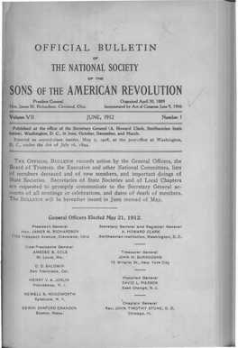 SONS of the AMERICAN REVOLUTION President General Orpniud April30, 1889 Hon