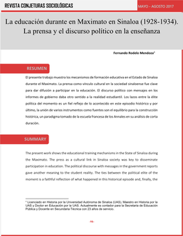 La Educación Durante En Maximato En Sinaloa (1928-1934). La Prensa Y El Discurso Político En La Enseñanza