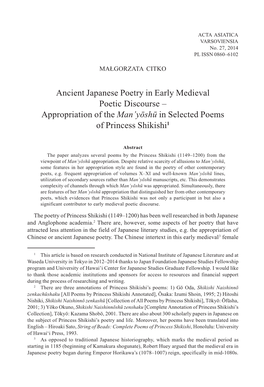 Ancient Japanese Poetry in Early Medieval Poetic Discourse 1