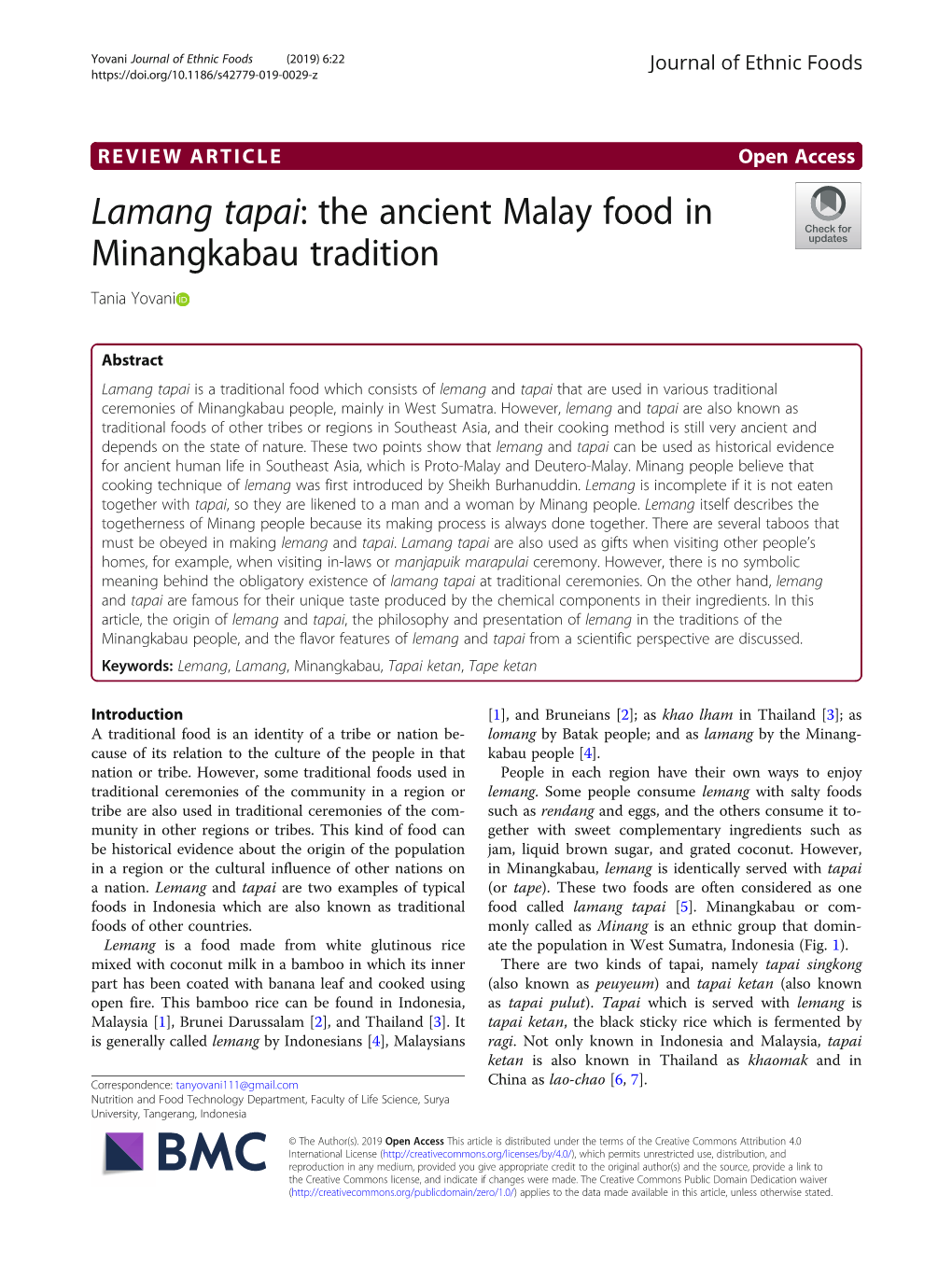 Lamang Tapai: the Ancient Malay Food in Minangkabau Tradition Tania Yovani