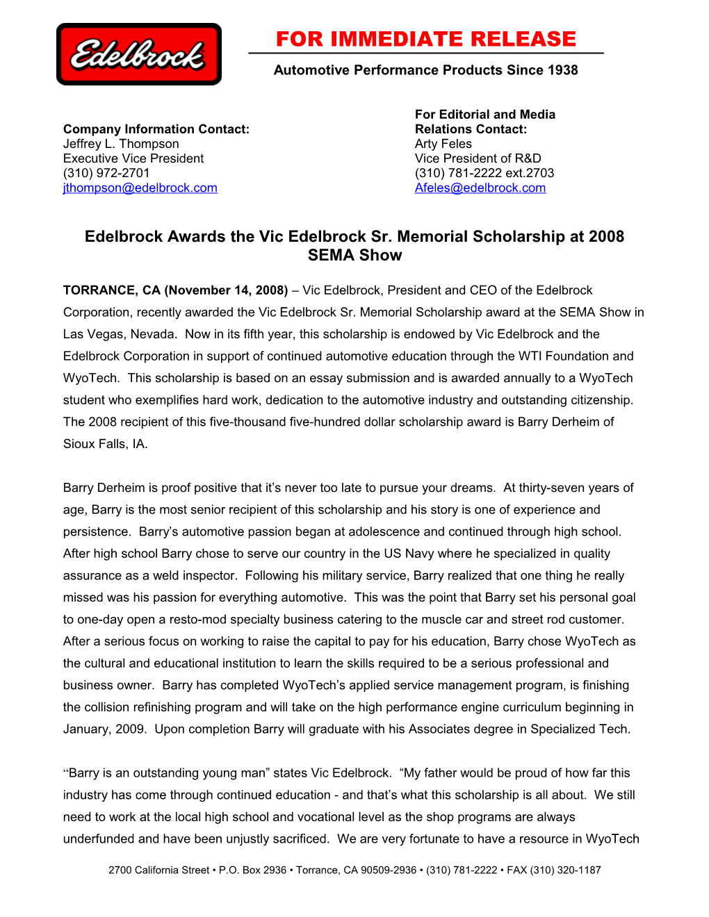 Edelbrock Awards the Vic Edelbrock Sr. Memorial Scholarship at 2008 SEMA Show