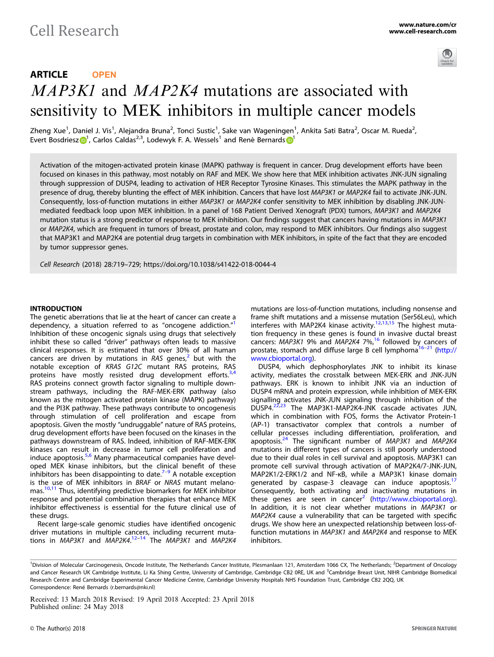 MAP3K1 and MAP2K4 Mutations Are Associated with Sensitivity to MEK Inhibitors in Multiple Cancer Models