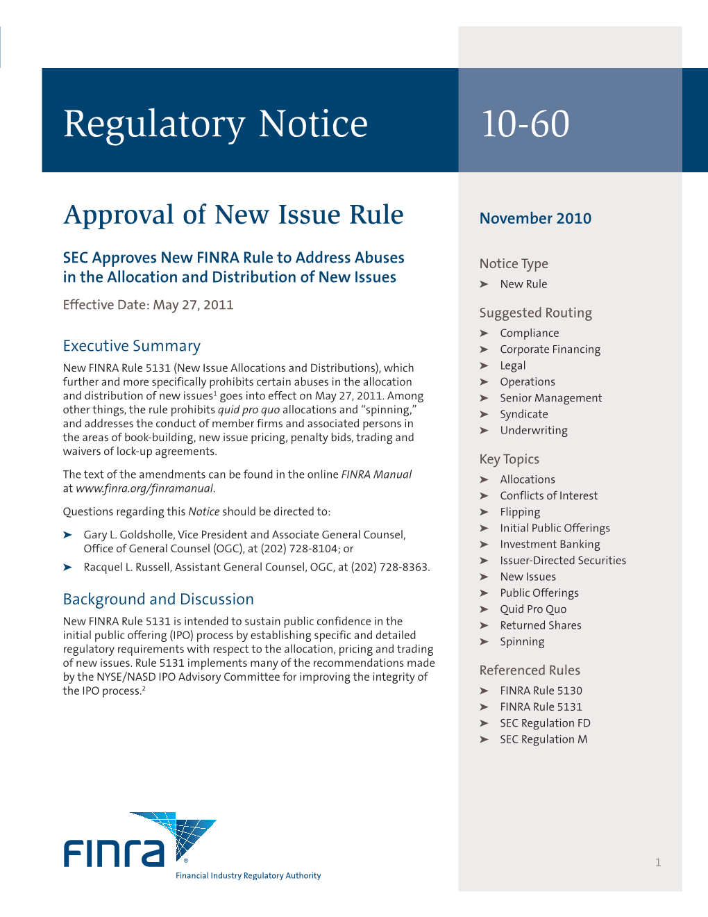 Regulatory Notice 10-60