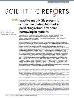 Inactive Matrix Gla Protein Is a Novel Circulating Biomarker Predicting