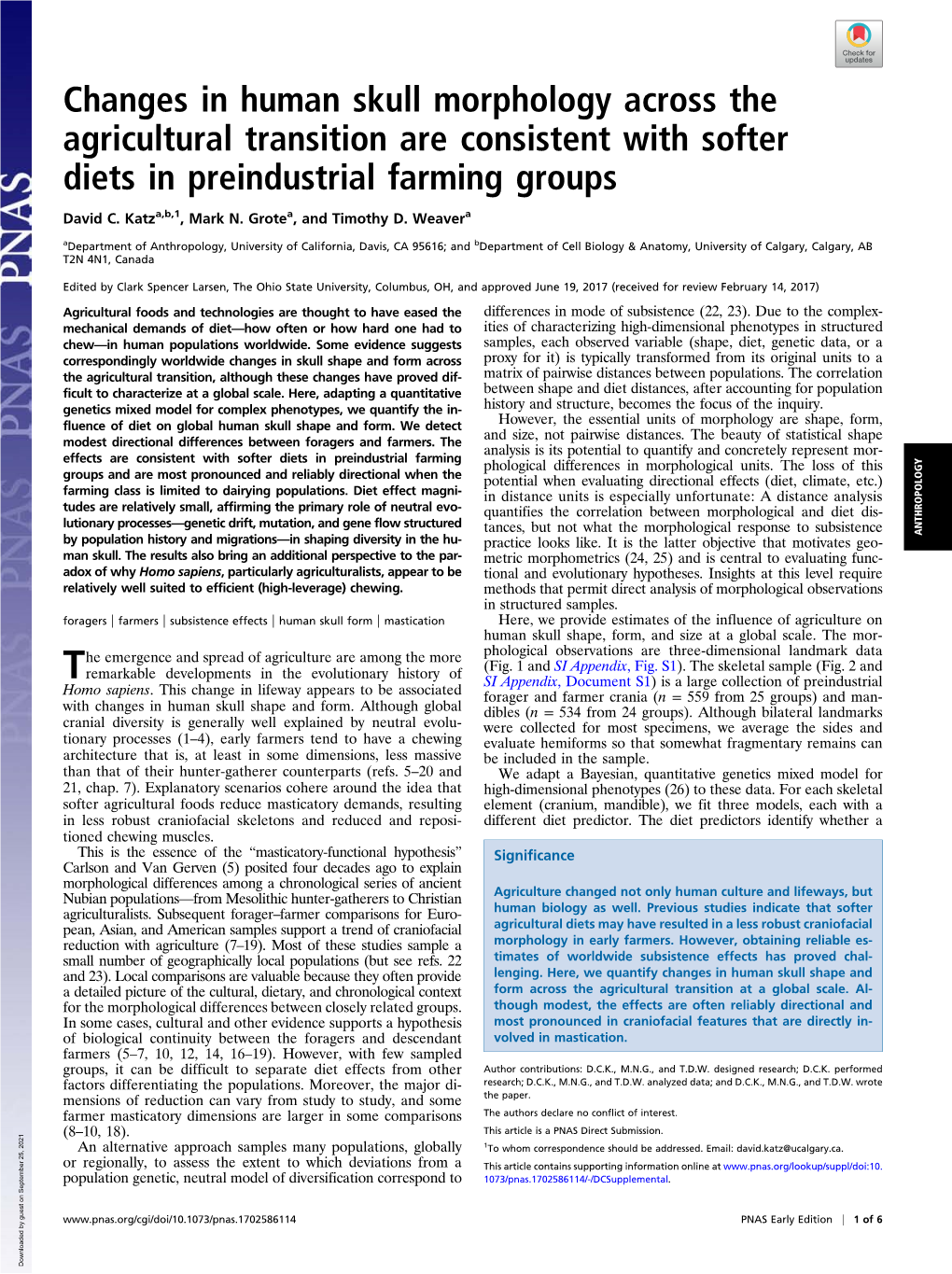 Changes in Human Skull Morphology Across the Agricultural Transition Are Consistent with Softer Diets in Preindustrial Farming Groups