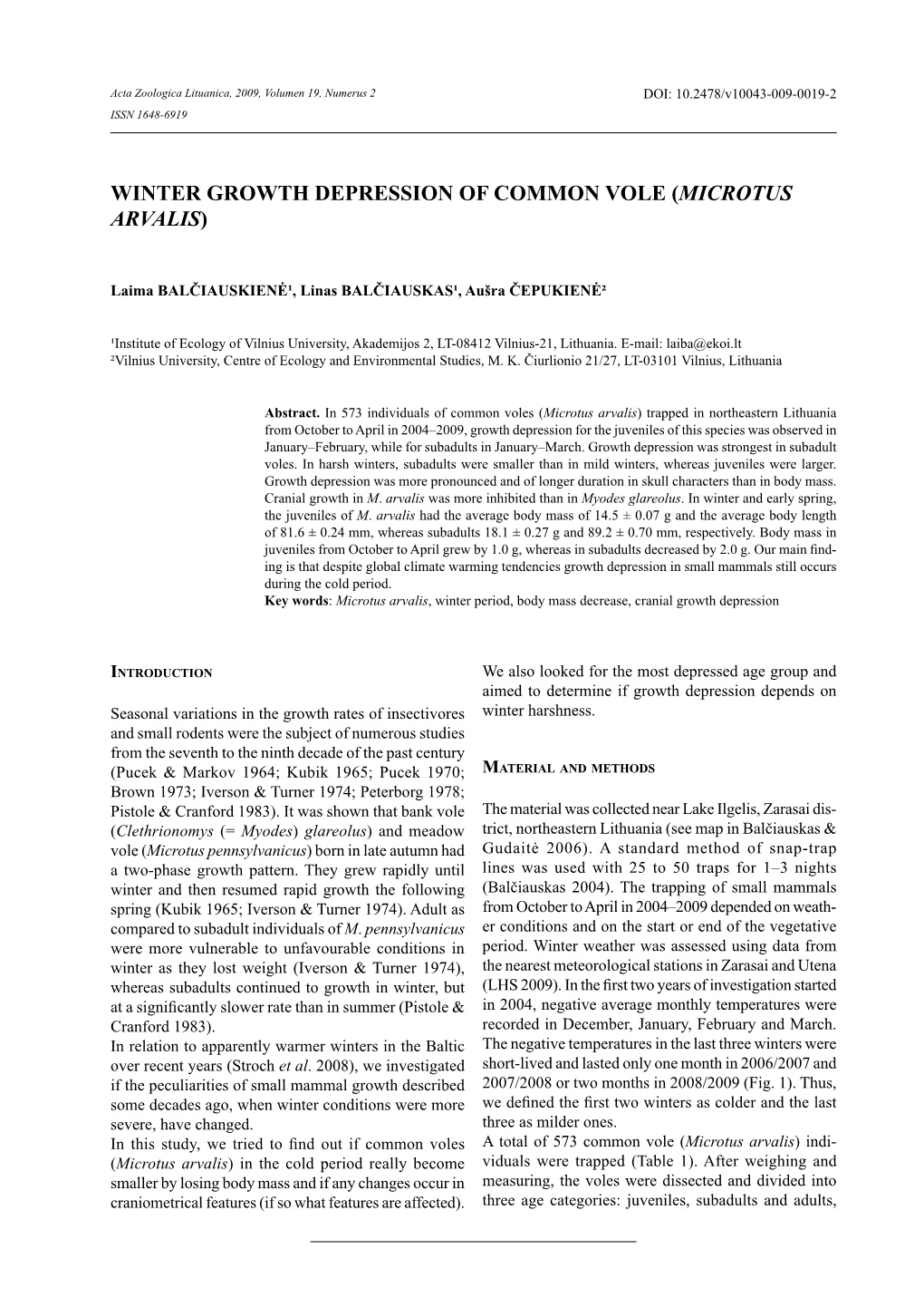 Winter Growth Depression of Common Vole (Microtus Arvalis)