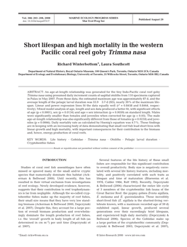 Short Lifespan and High Mortality in the Western Pacific Coral Reef Goby Trimma Nasa