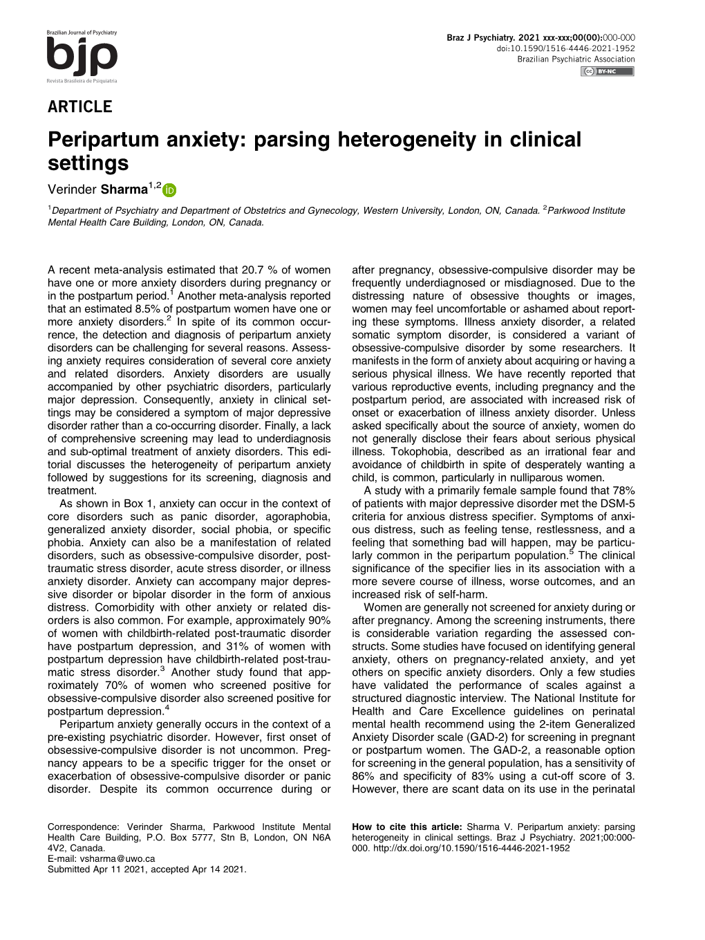 Peripartum Anxiety: Parsing Heterogeneity in Clinical Settings Verinder Sharma1,20000-0000-0000-0000