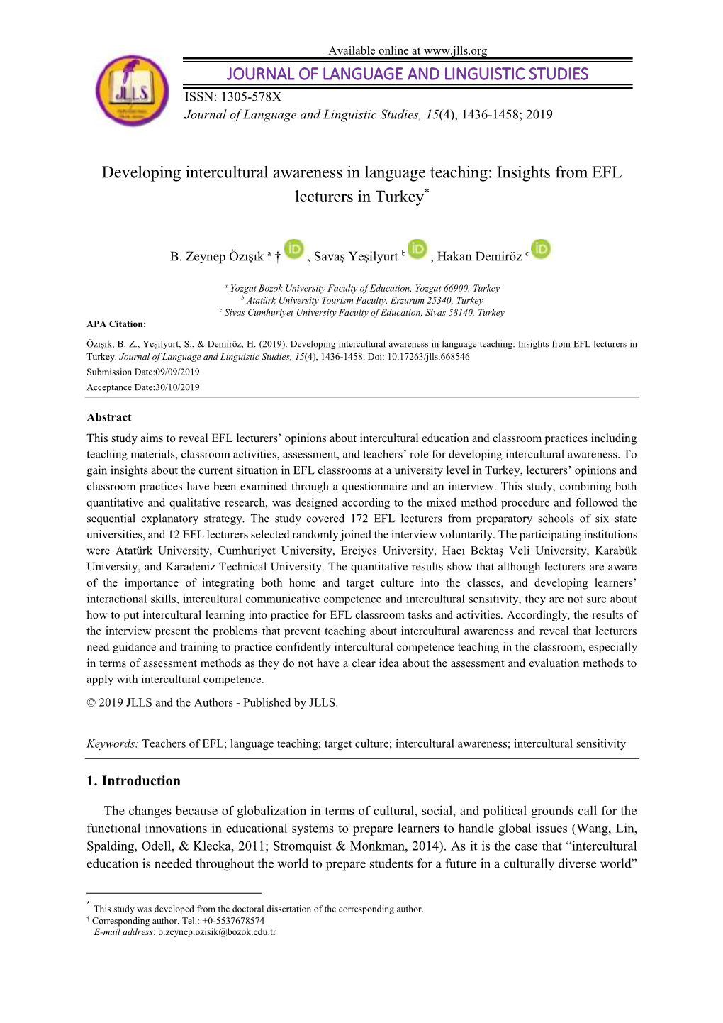 Developing Intercultural Awareness in Language Teaching: Insights from EFL Lecturers in Turkey*