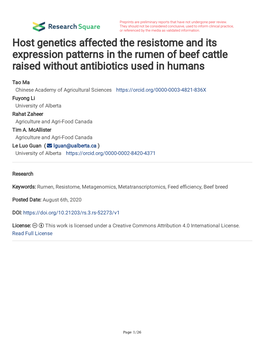 Host Genetics Affected the Resistome and Its Expression Patterns in the Rumen of Beef Cattle Raised Without Antibiotics Used in Humans