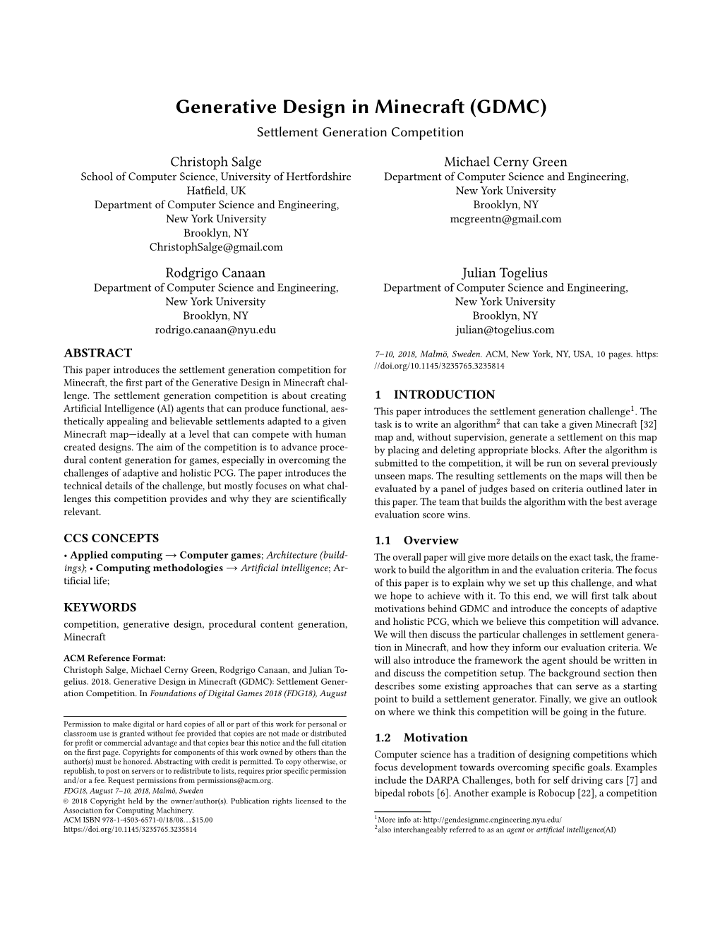 Generative Design in Minecraft (GDMC) Settlement Generation Competition