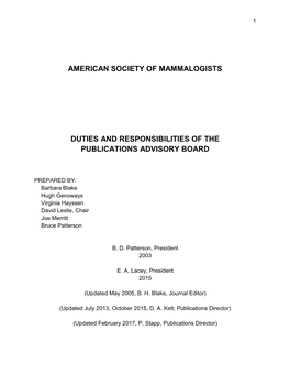 American Society of Mammalogists Duties and Responsibilities of the Publications Advisory Board