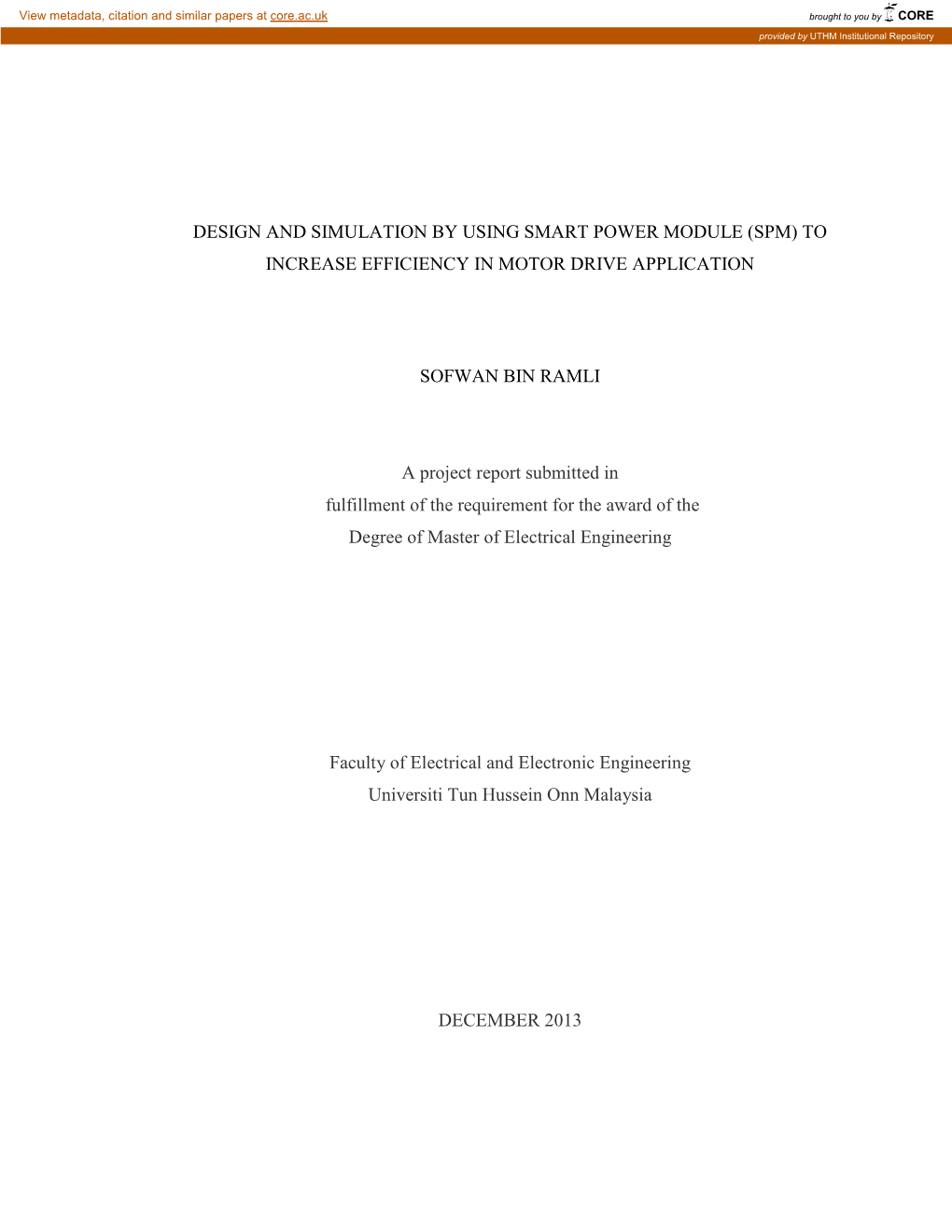 Design and Simulation by Using Smart Power Module (Spm) to Increase Efficiency in Motor Drive Application