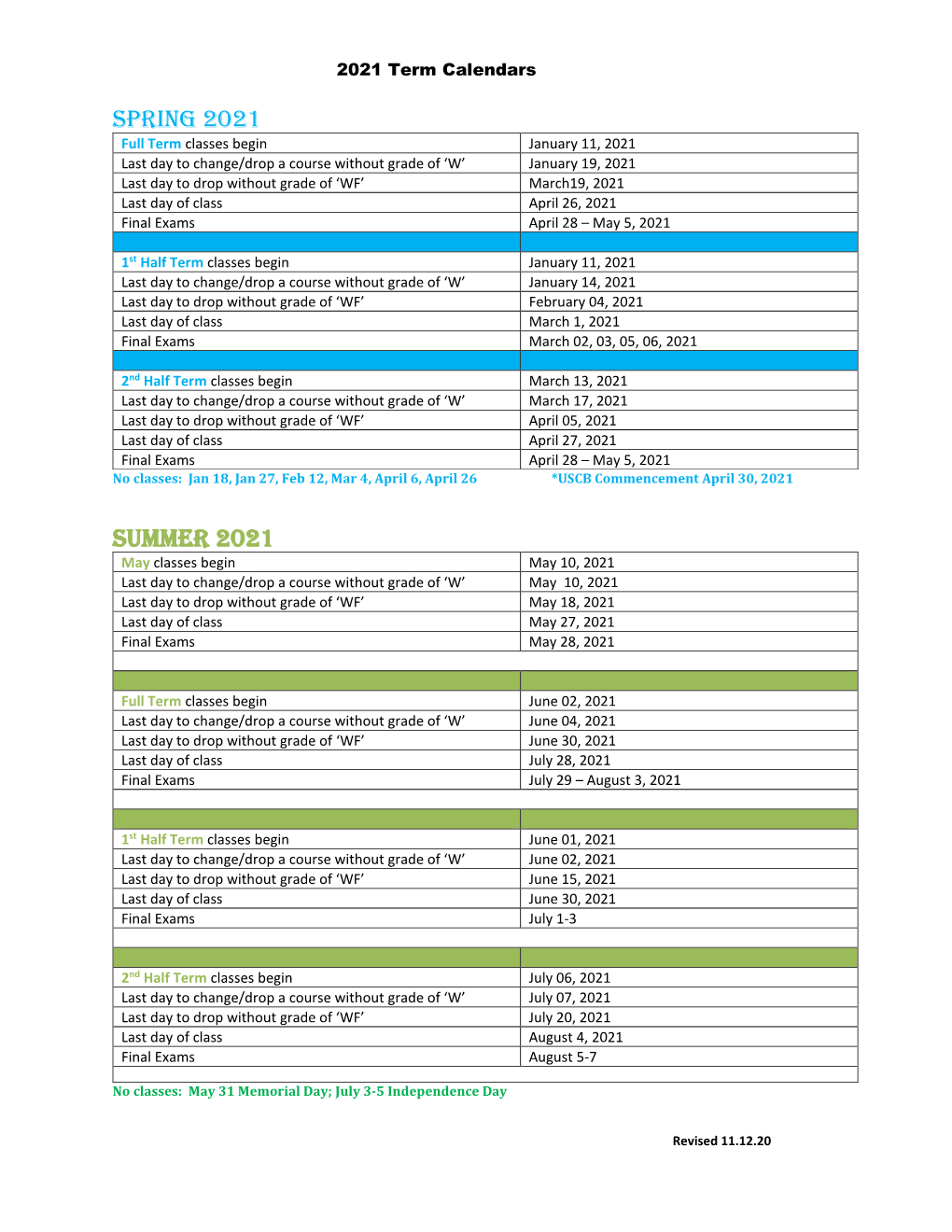 2021 Term Calendars