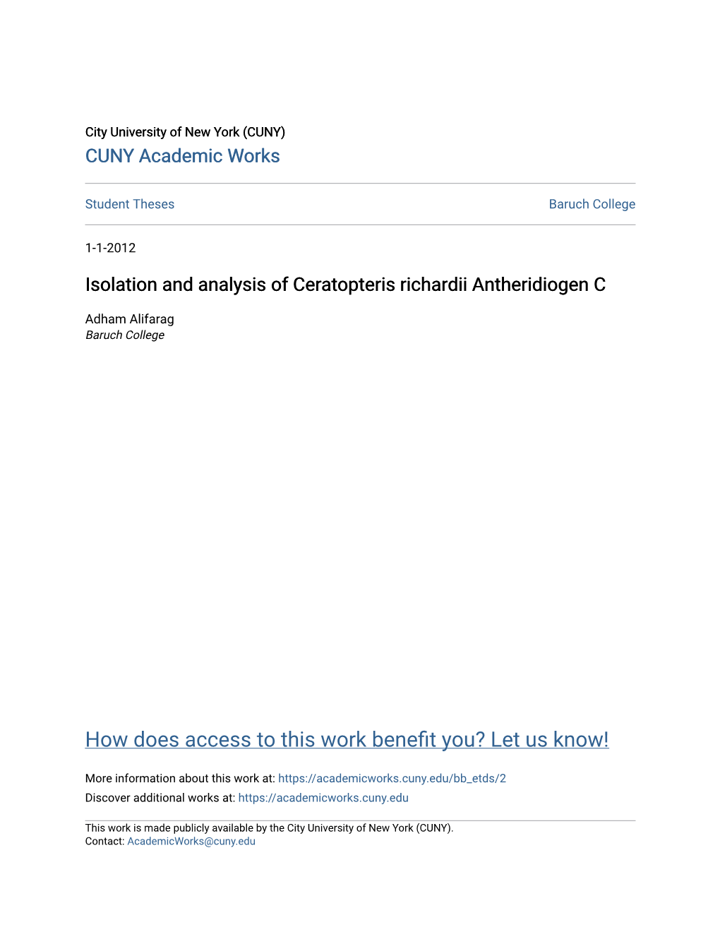 Isolation and Analysis of Ceratopteris Richardii Antheridiogen C