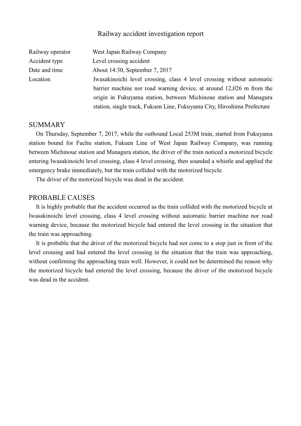 Railway Accident Investigation Report SUMMARY PROBABLE CAUSES