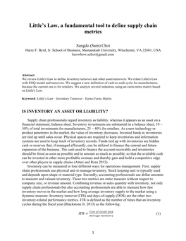 Little's Law, a Fundamental Tool to Define Supply Chain Metrics