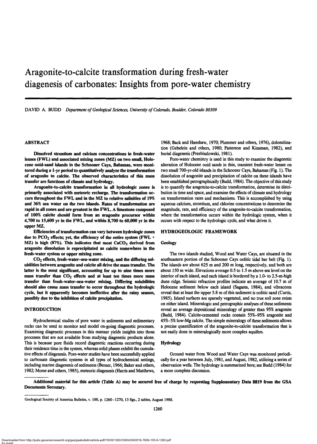 Aragonite-To-Calcite Transformation During Fresh-Water Diagenesis of Carbonates: Insights from Pore-Water Chemistry