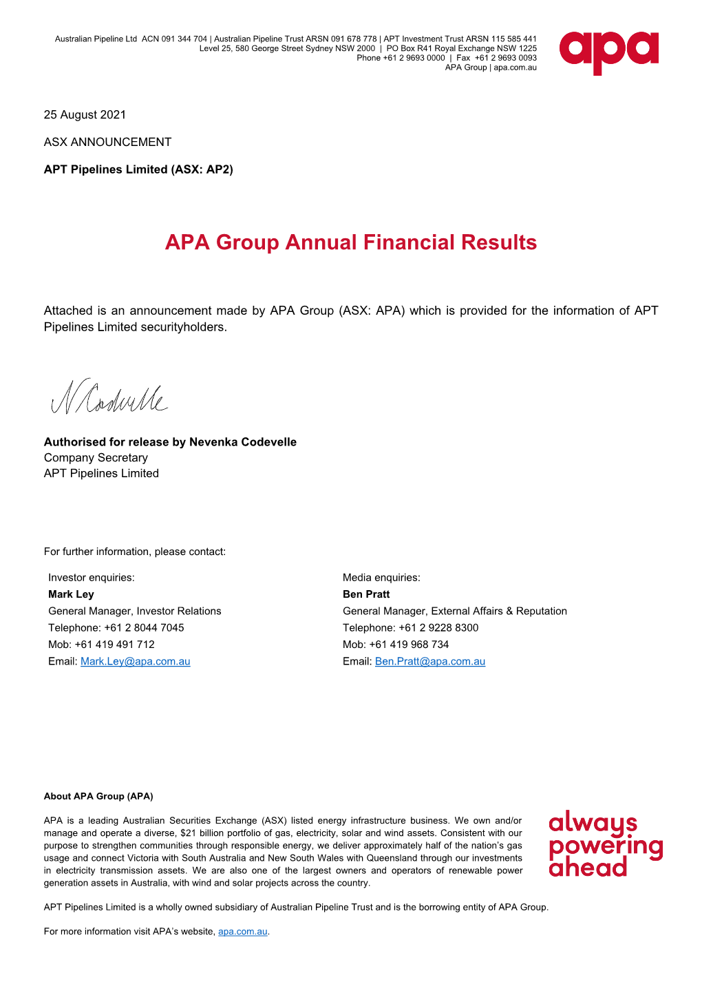 APA Group Annual Financial Results