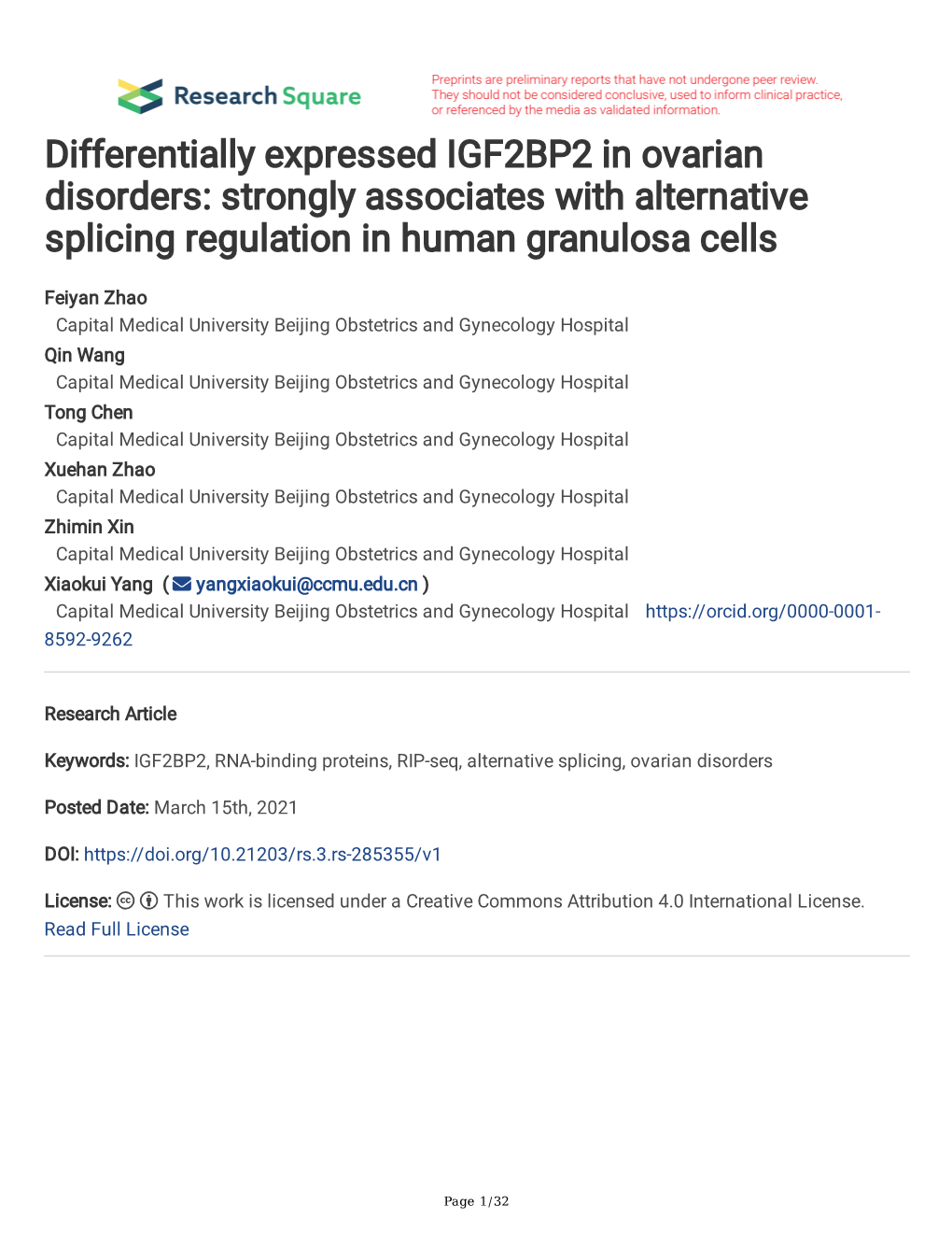 Differentially Expressed IGF2BP2 in Ovarian Disorders: Strongly Associates with Alternative Splicing Regulation in Human Granulosa Cells