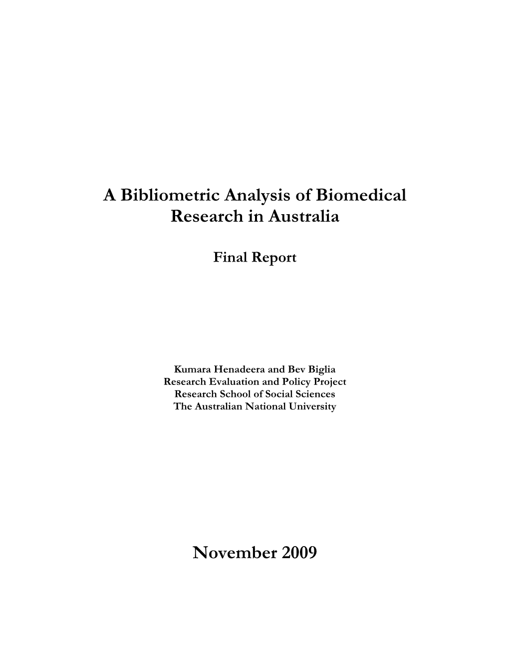 A Bibliometric Analysis of Biomedical Research in Australia November