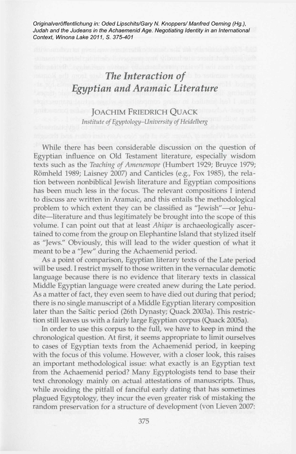 The Interaction of Egyptian and Aramaic Literature