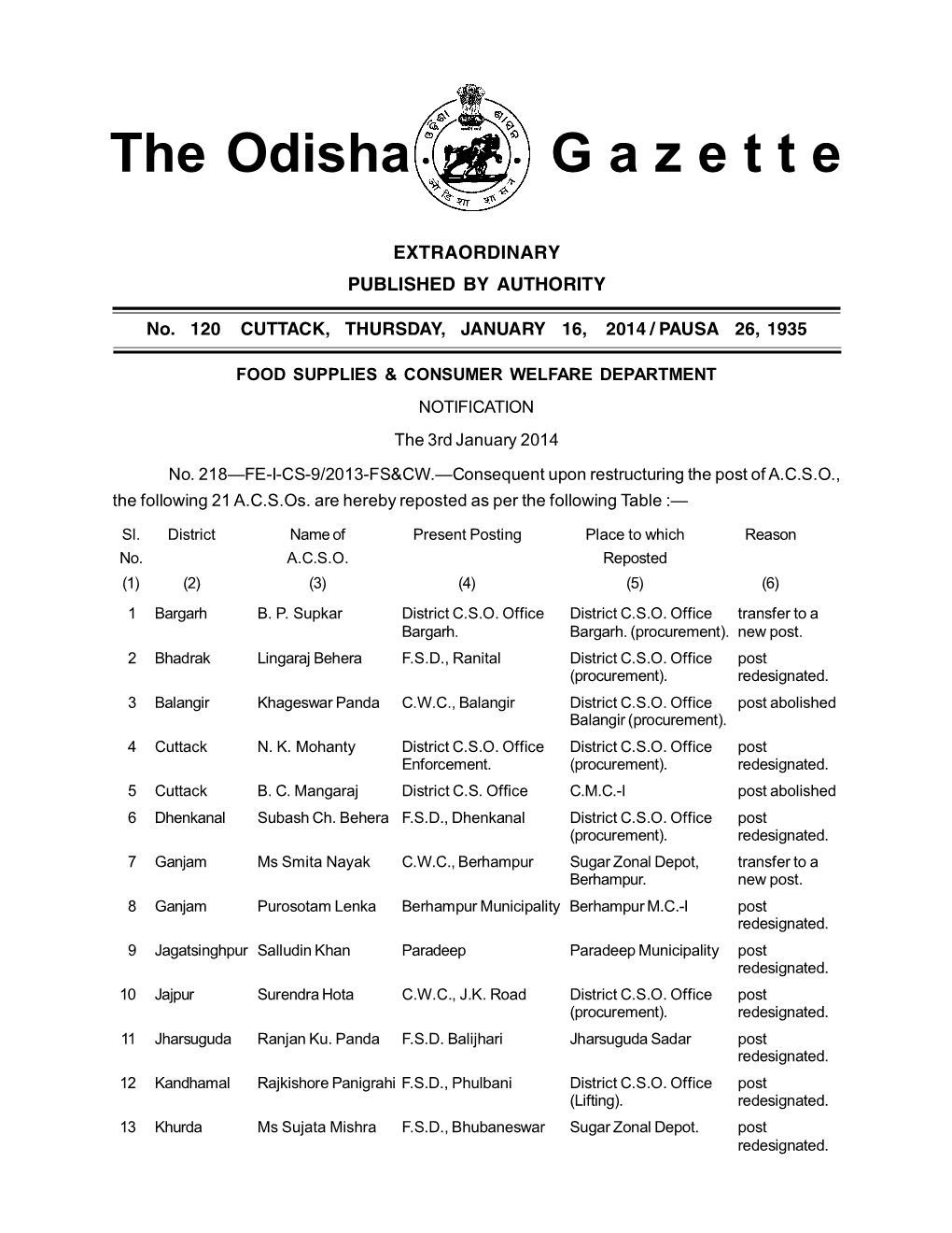 The Odisha G a Z E T T E