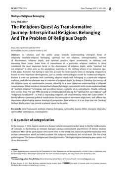 The Religious Quest As Transformative Journey: Interspiritual Religious Belonging and the Problem of Religious Depth