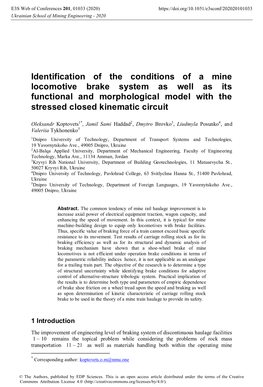 Identification of the Conditions of a Mine Locomotive Brake System As Well As Its Functional and Morphological Model with the Stressed Closed Kinematic Circuit