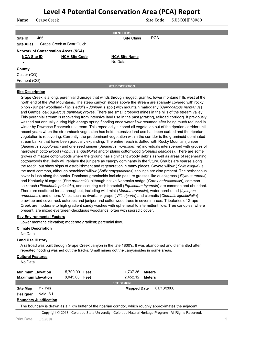 Level 4 Potential Conservation Area (PCA) Report Name Grape Creek Site Code S.USCOHP*8060