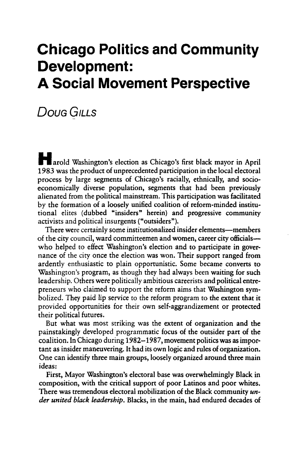 Chicago Politics and Community Development: a Social Movement Perspective